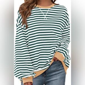 Amazon Striped Green and White Oversized Crew Pullover